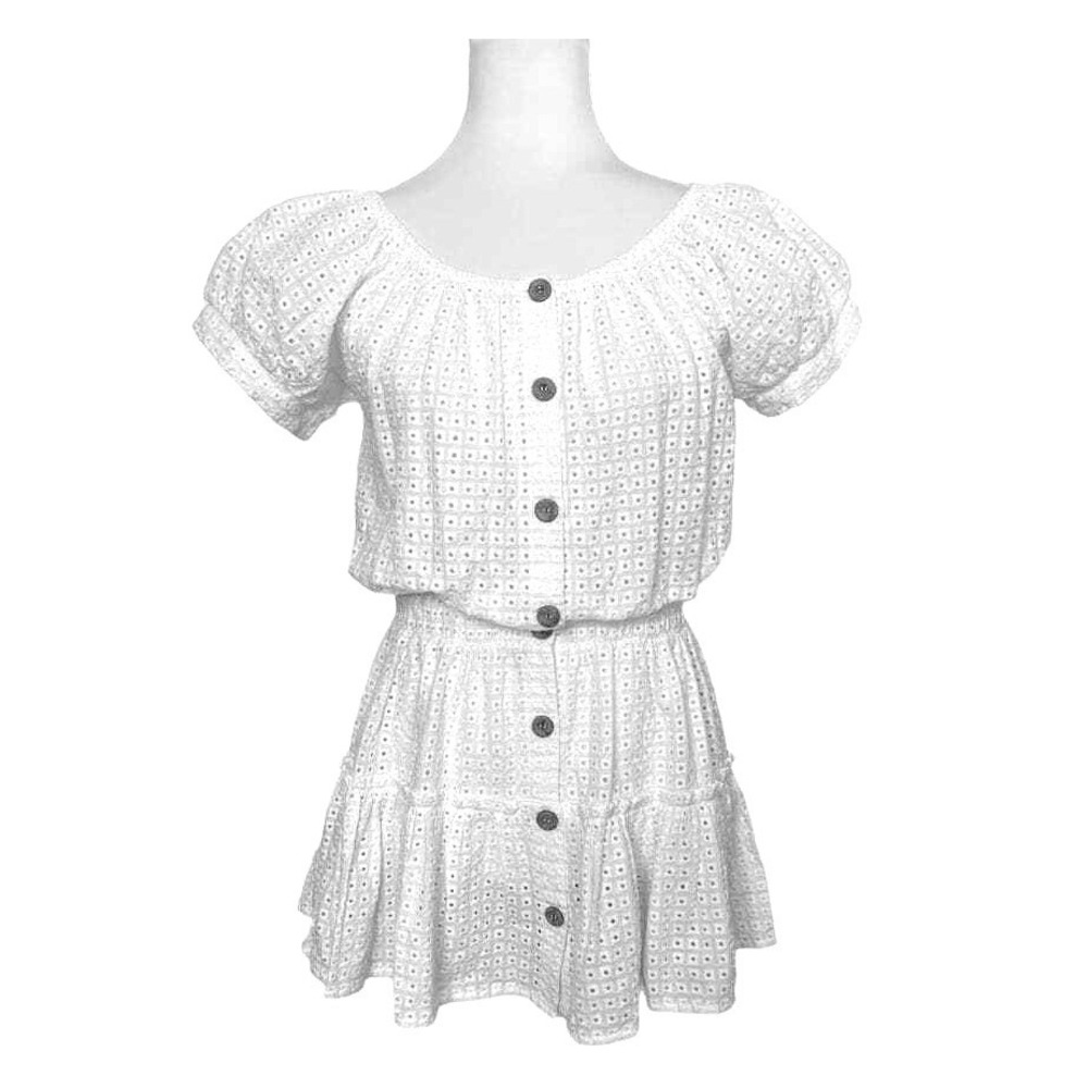 Eberjey Dress Sz‎ Small White Eyelet Cotton Button Front Mini Short Sleeve Beach